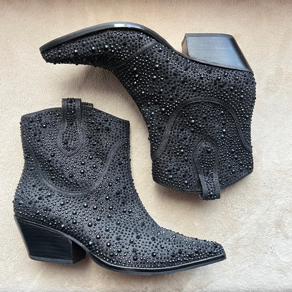 Jessica Simpson 9 M Black Rhinestone Western Ankle Boots Pointed Toe Block Heel